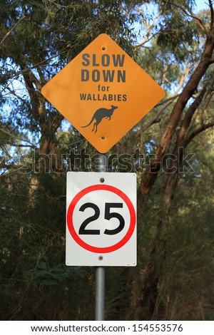 Australian road sign warning to slow down for wallabies.