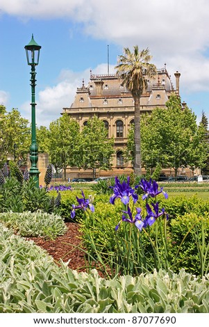 View to the Law Courts across the Conservatory Garden in Bendigo, Australia.