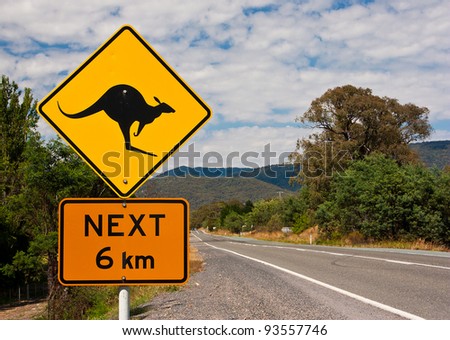 Australian road sign warning to watch for kangaroos, on the side of a country road.