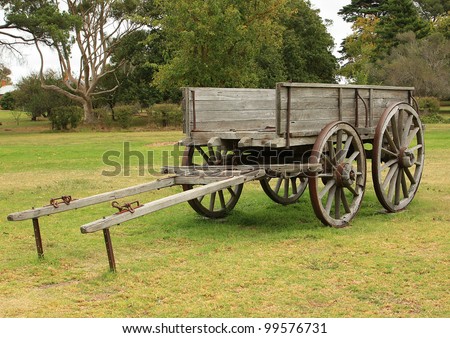 Old horse drawn wooden cart on display at Briars Historic Park in Victoria, Australia.