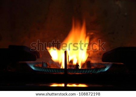 The fire of gas on the kitchen furnace.