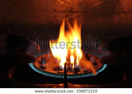 The fire of gas on the kitchen furnace.