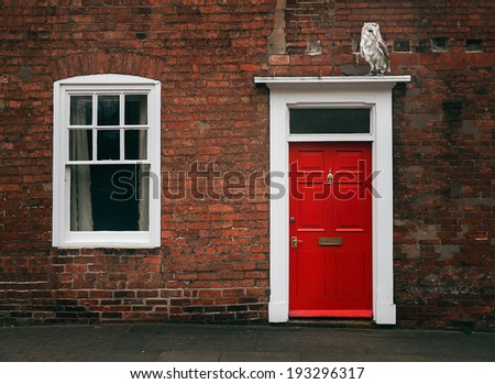 Photograph of a Red door and an owl