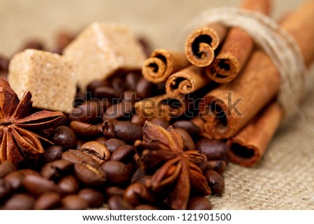 Still life of coffee beans, stars of anise, brown sugar and cinnamon sticks