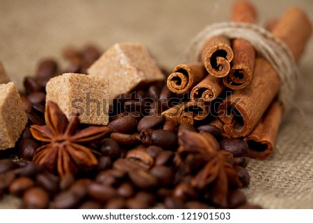 Still life of coffee beans, stars of anise, brown sugar and cinnamon sticks