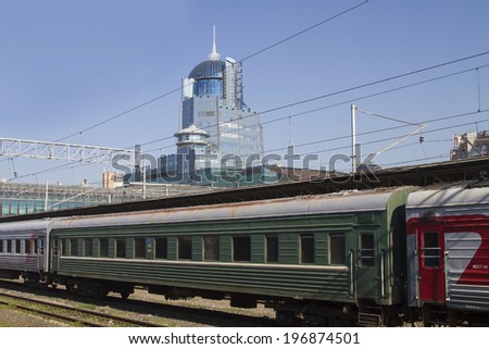 SAMARA, RUSSIA - MAY 25: The building of the new railway station and wagon a passenger train on May 25, 2014 in Samara.