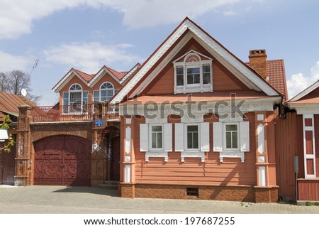 GORODETS, RUSSIA - MAY 01: Small wooden house with carved patterns on May 1, 2014 in Gorodets.