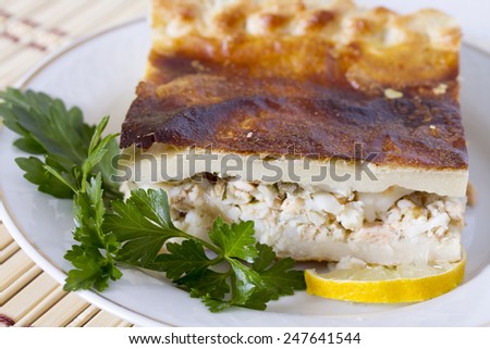 Fish pie of four fish species: coho salmon, halibut, Arctic cisco, saffron cod