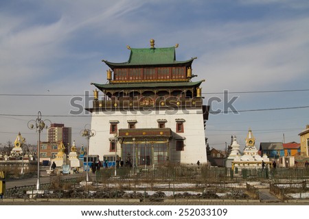 ULAANBAATAR, MONGOLIA - FEBRUARY 1: Temple Megdzhid-Dzhanrayseg on the territory of the Buddhist monastery Gandantekchinling (Gandan) on February 1, 2015 in Ulaanbaatar.