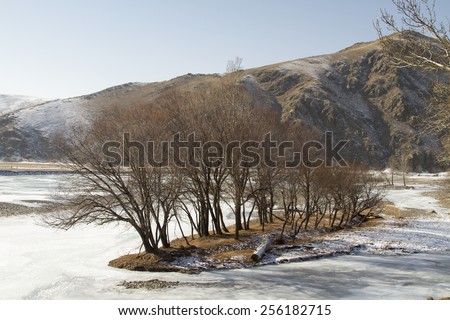 The frozen river, an island with maples and mountain in winter