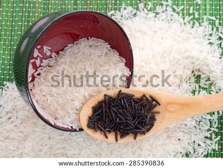 Plate with white rice and wooden spoon with black rice