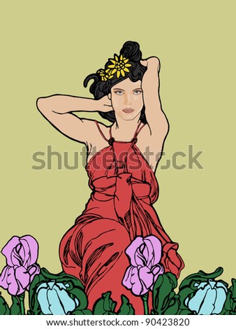 Woman in red dress between the flowers.