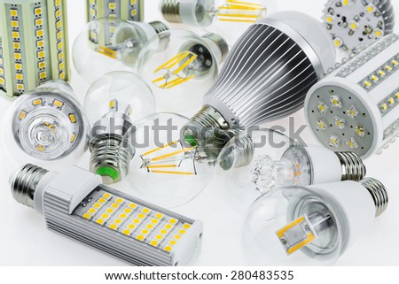 a lot E27 LED bulbs with different types of chips