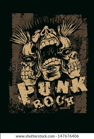 Retro design Punk Rock for t-shirt print with screaming punk head grunge fonts and textures vector illustration grunge effect in separate layer Retro design Punk Rock for t-shirt print with screaming punk head grunge fonts and textures vector illustration grunge effect in separate layer