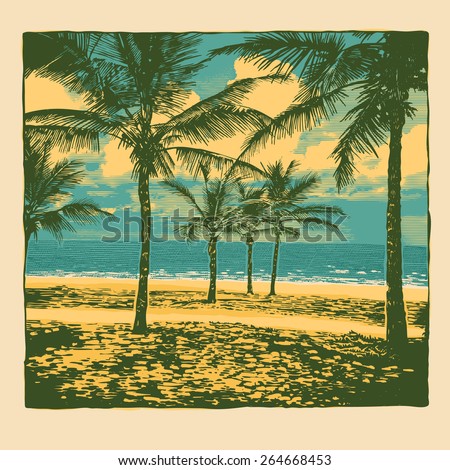tropical idyllic landscape with palms trees and beach. vector illustration.