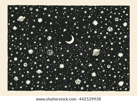 Night Sky. Space With Stars And Planets.Hand-Drawn Doodle Background. Vector Illustration