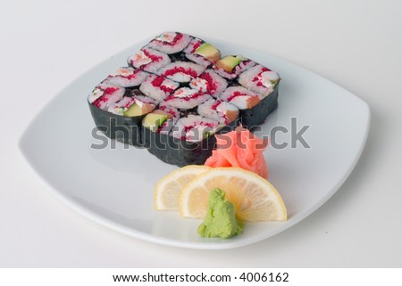 Traditional Japanese meal on a white background.