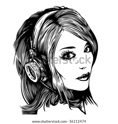 best headphone listening music
 on pretty girl with headphones listen music. vector illustration - stock ...