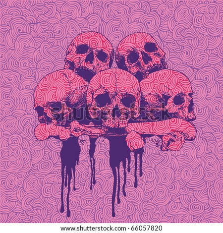 stock vector vector engraved background with a pile of skulls