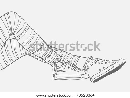 stock vector : female legs in striped stockings and sneakers. vector illustration.