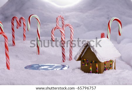 A ginger bread cottage near a candy pond in a snowy candy cane forest
