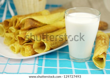 Wafer rolls on the table with milk