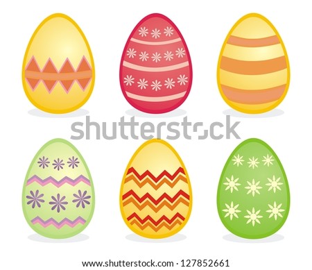 Colorful easter eggs isolated on white background. Traditional, yellow, red and green easter icons