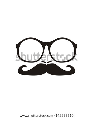 Men face with mustache and huge, hipster oldschool glasses. Black professor face silhouette isolated on white background.