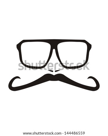 Men face with long mustache and huge, hipster glasses. Black american retro truck driver silhouette isolated on white background.