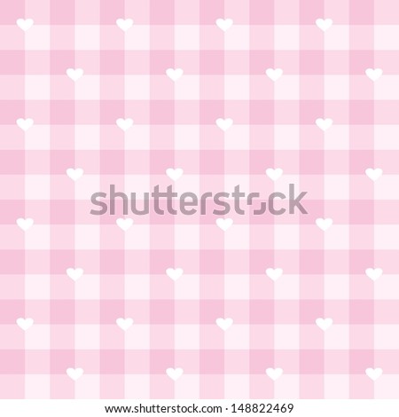 Seamless checkered pattern or grid texture with white hearts for web design, desktop wallpaper or culinary blog website. Sweet pink valentines background full of love.