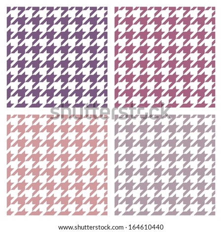 Houndstooth seamless colorful pattern set. Traditional Scottish plaid fabric collection for colorful website background or desktop wallpaper in violet, pink, peach, grey and white color.