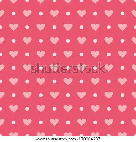 Pink background with hearts and polka dots. Cute seamless pattern for valentines desktop wallpaper or lovely website design.