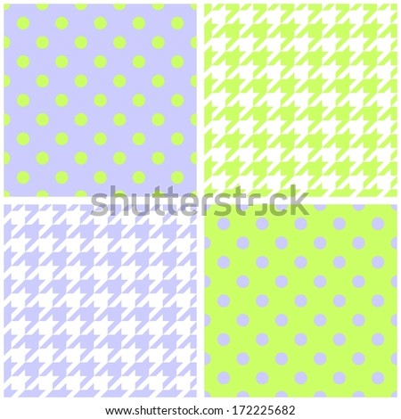 Blue, white and green background set. Houndstooth and polka dots seamless pattern collection for desktop wallpaper or kid website design