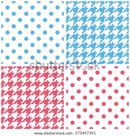 Blue, white and pink pastel background set. Houndstooth and polka dots seamless pattern collection for desktop wallpaper or kids website design
