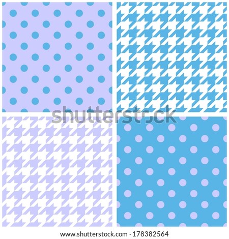 Blue, white and violet background set. Houndstooth and polka dots seamless pattern collection for desktop wallpaper or kids website design