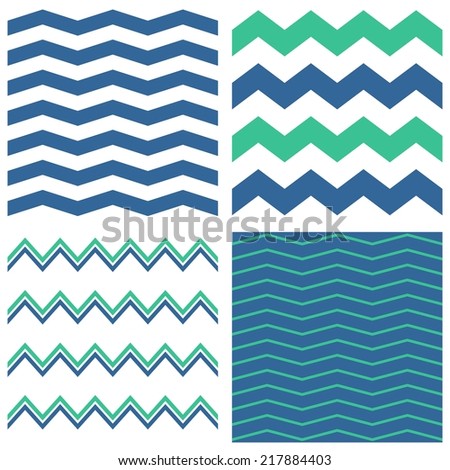 Zig zag chevron pattern set. Pastel green and sailor blue print collection on white background