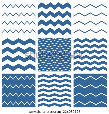 Tile chevron pattern set with sailor blue and white zig zag background