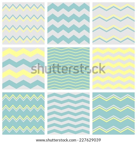 Tile pattern set with grey, pastel blue or green and yellow zig zag print background