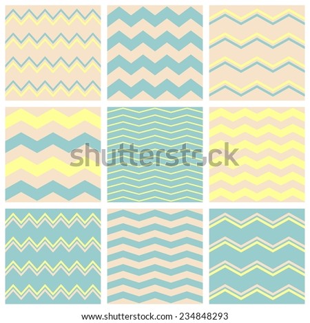 Tile pattern set with beige, pastel blue or green and yellow zig zag print background
