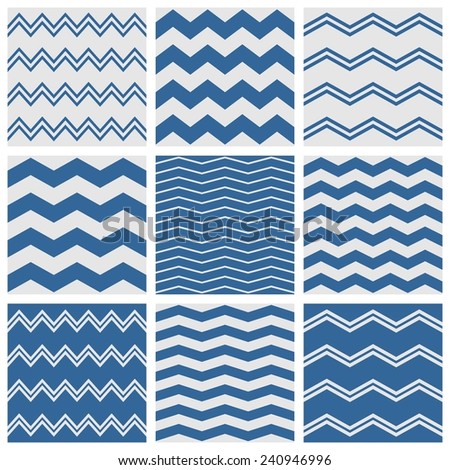 Tile chevron pattern set with sailor blue and grey zig zag background