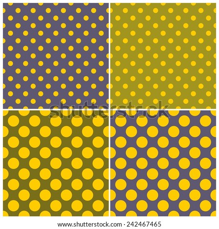 Tile pattern set with blue, grey, yellow and green polka dots on green and navy blue background
