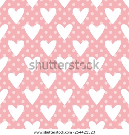 Tile cute pattern with white hearts on polka dots on pastel pink background