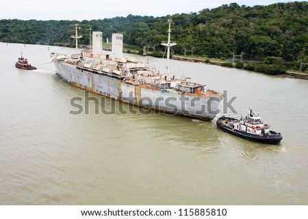 The last voyage of historic war ship USNS General John Pope from West Coast to Brownsville, Texas scrap yard. Picture taken in Panama Canal transit.