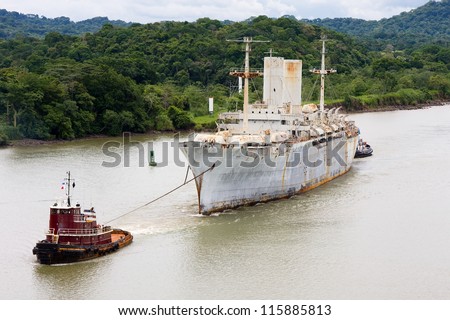 The last voyage of historic war ship USNS General John Pope from West Coast to Brownsville, Texas scrap yard. Picture taken in Panama Canal transit.
