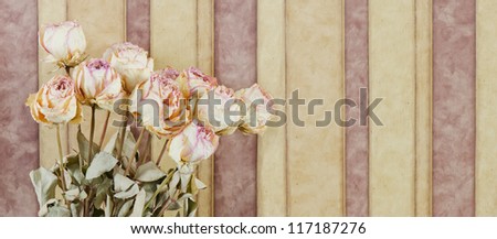 Bouquet of a dozen dried cabbage roses on a striped wall.