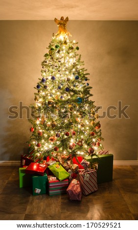 An indoor lit Christmas tree