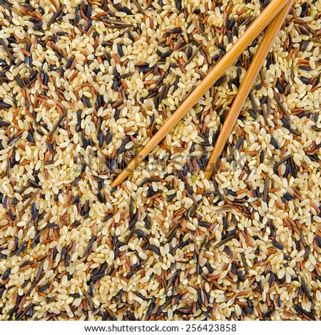 A close up image of a blend of, long and short grain, wild, brown and white rice with chopsticks