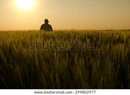 A farmer checking his field at sundown