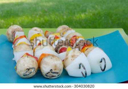 Vegetable kebabs outdoors on a picnic table with colorful mats