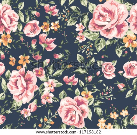 Seamless Vintage Flower Pattern On Navy Background